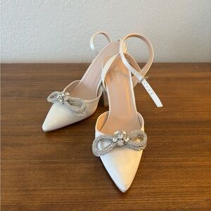 Never Worn - Be Mine Bridal Satin Heels with Crystal Rhinestone Bow